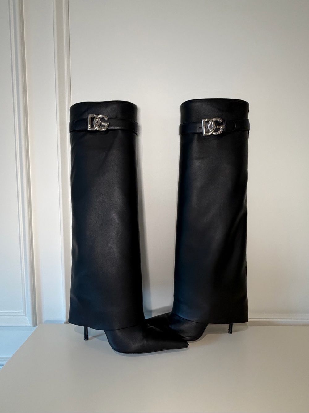 Dolce & Gabbana Black Leather Knee-High Boots with Silver DG Logo